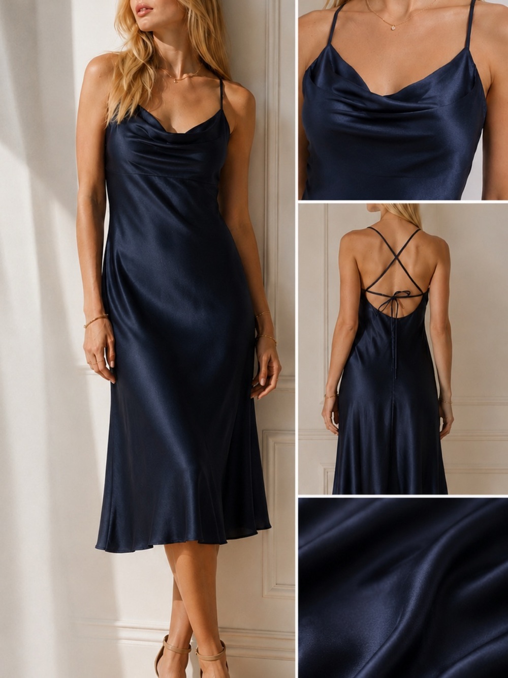 Morgan & Co. Navy Satin Cowl Midi Dress- Never worn
